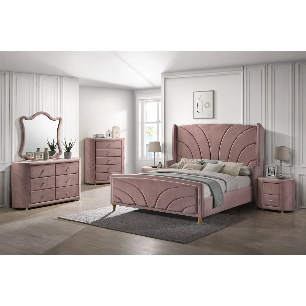 Pink 5 Drawer Velvet Upholstery Chest with Mirror I92524