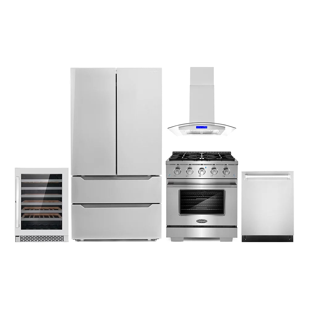 5 Piece Kitchen Appliance Package with Gas Range Range Hood Dishwasher French Door Refrigerator Wine Refrigerator I645