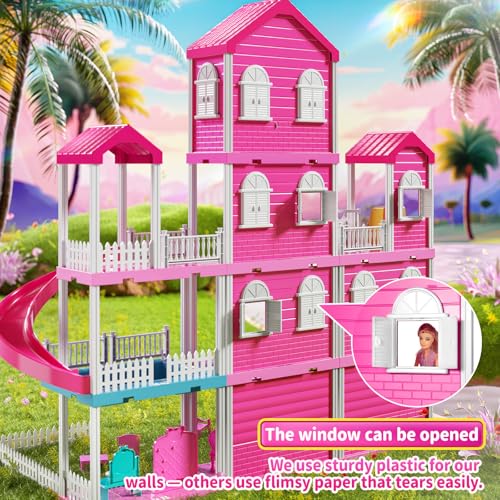 Pink 4-Story 10-Room Dollhouse Playset with 2 Dolls P377