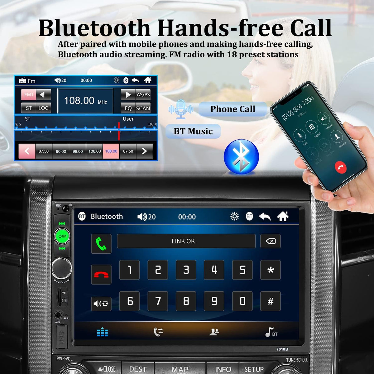 Double Din 7 Inch Touch Screen Bluetooth Car Stereo with Backup Camera P2823
