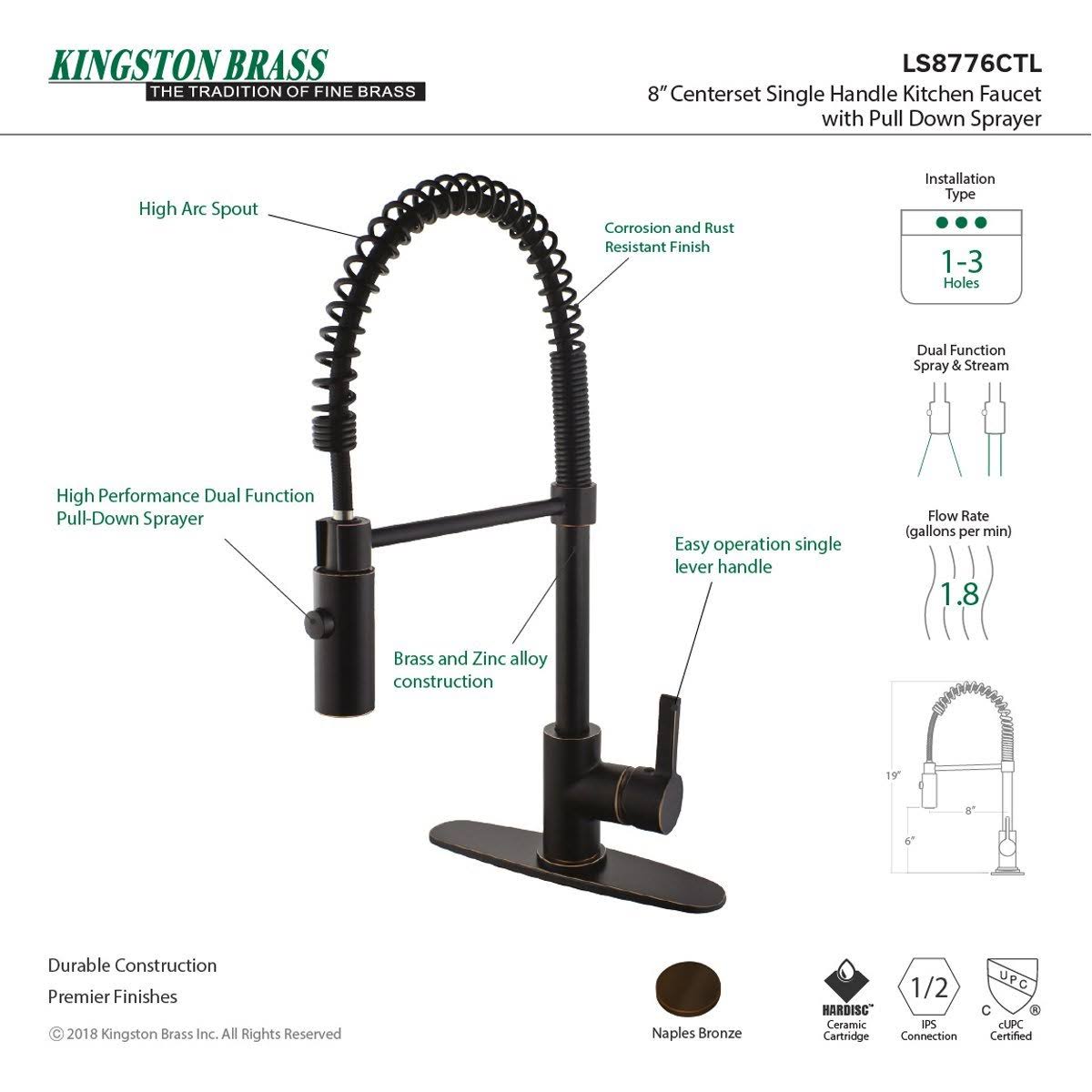 Single Handle Pull Down Kitchen Faucet Naples Bronze O500