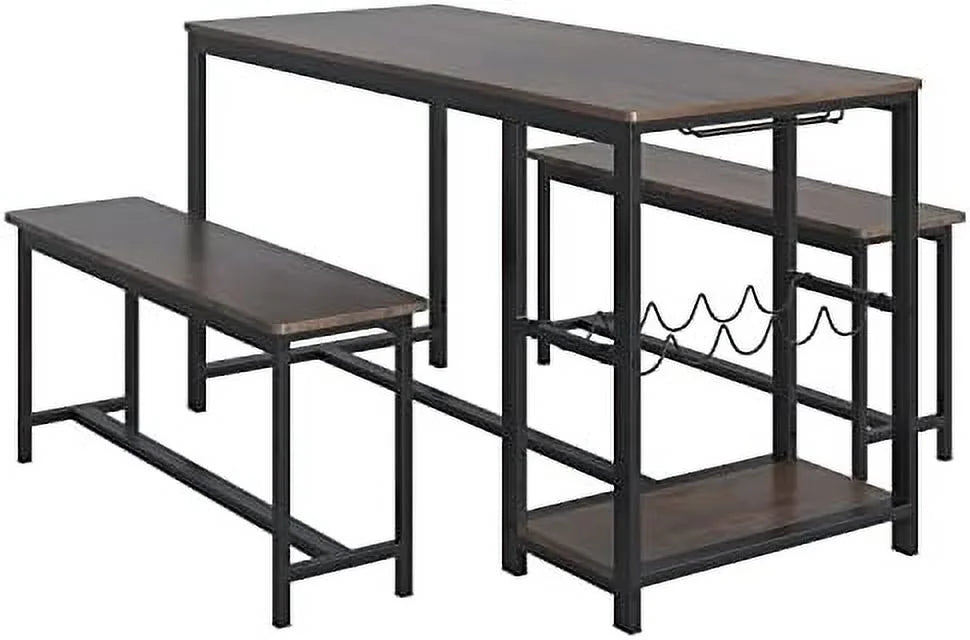 3-Piece Rustic Wood Dining Table Set with Benches T539553
