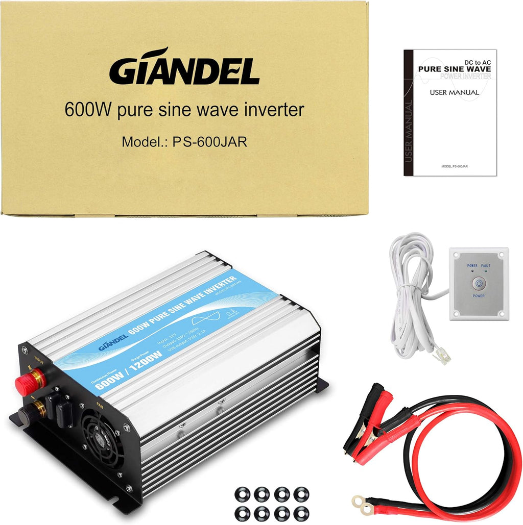 Pure Sine Wave 600Watt Power Inverter with Remote Control Dual AC Outlets and USB Port X963419