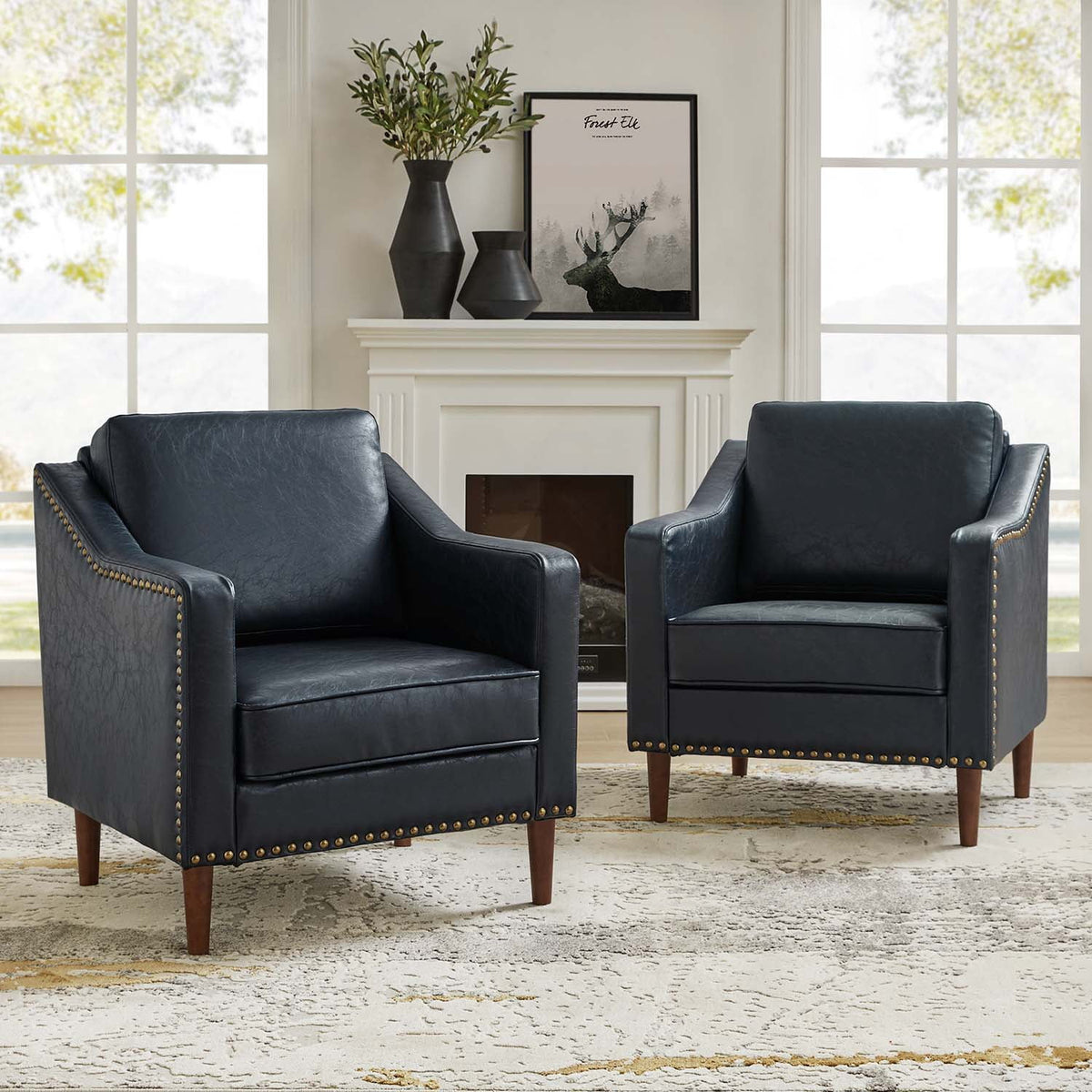 Navy Faux Leather Upholstered Accent Chair Set of 2 G775607