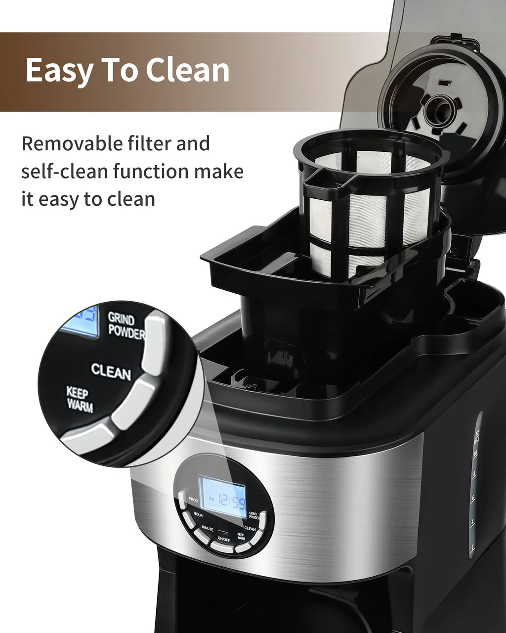 Black 12 Cups Programmable Grind and Brew Coffee Maker with Warming Plate R487