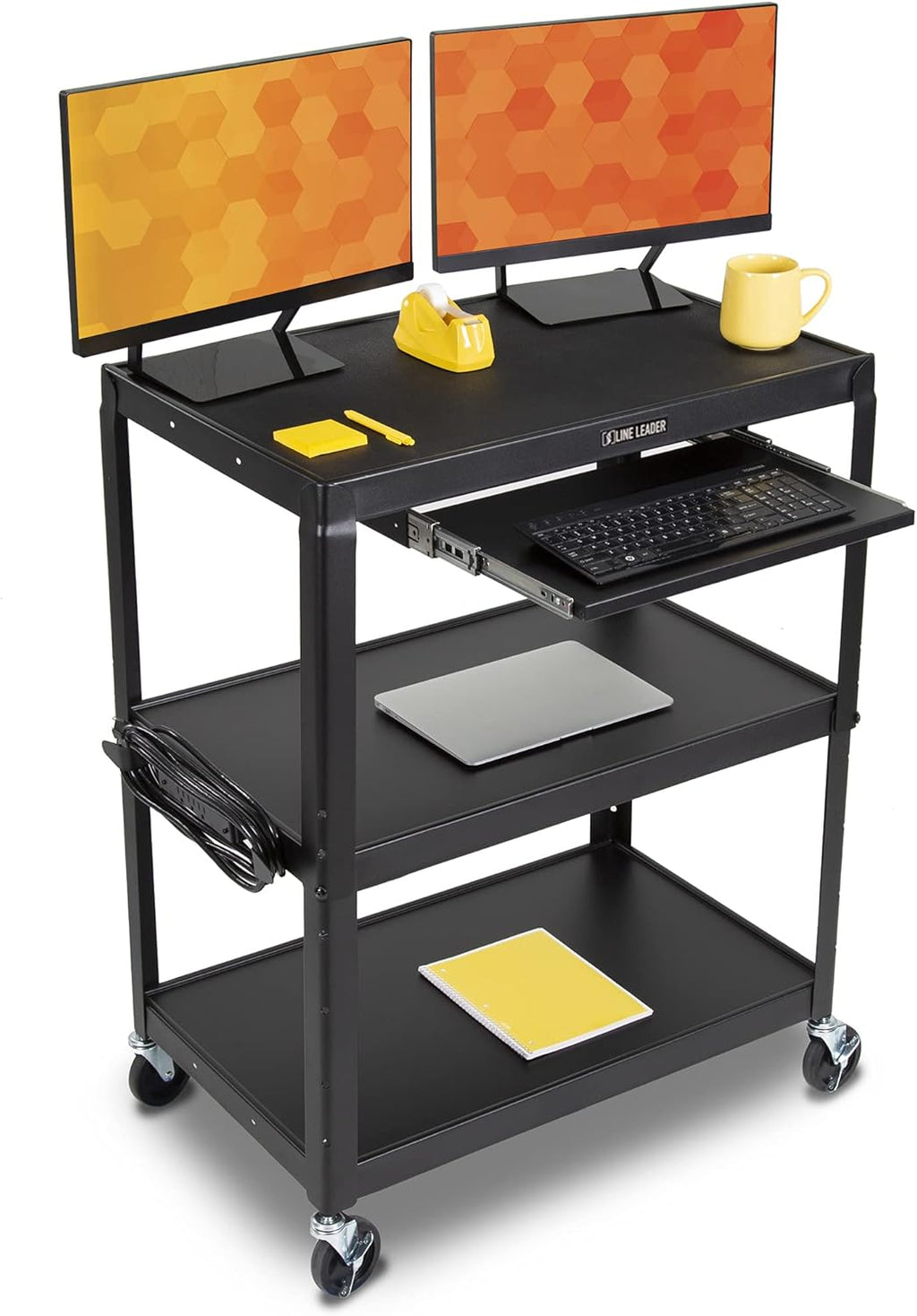 Height Adjustable AV Cart on Wheels with Keyboard Tray and Power Cord S9017