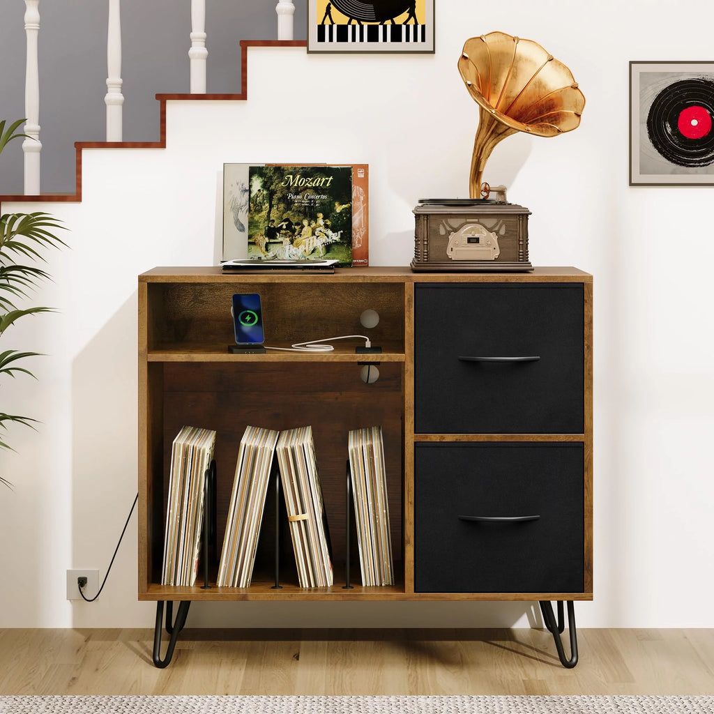 Vinyl Record Player End Table Stand with Cloth Drawer S323028