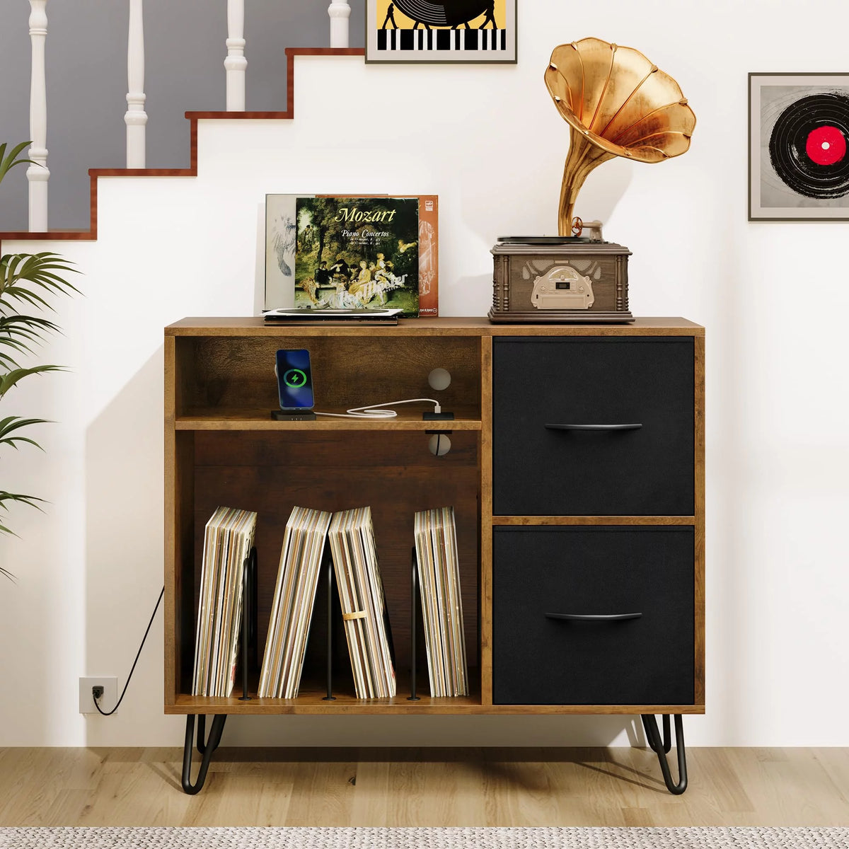 Vinyl Record Player End Table Stand with Cloth Drawer S323028