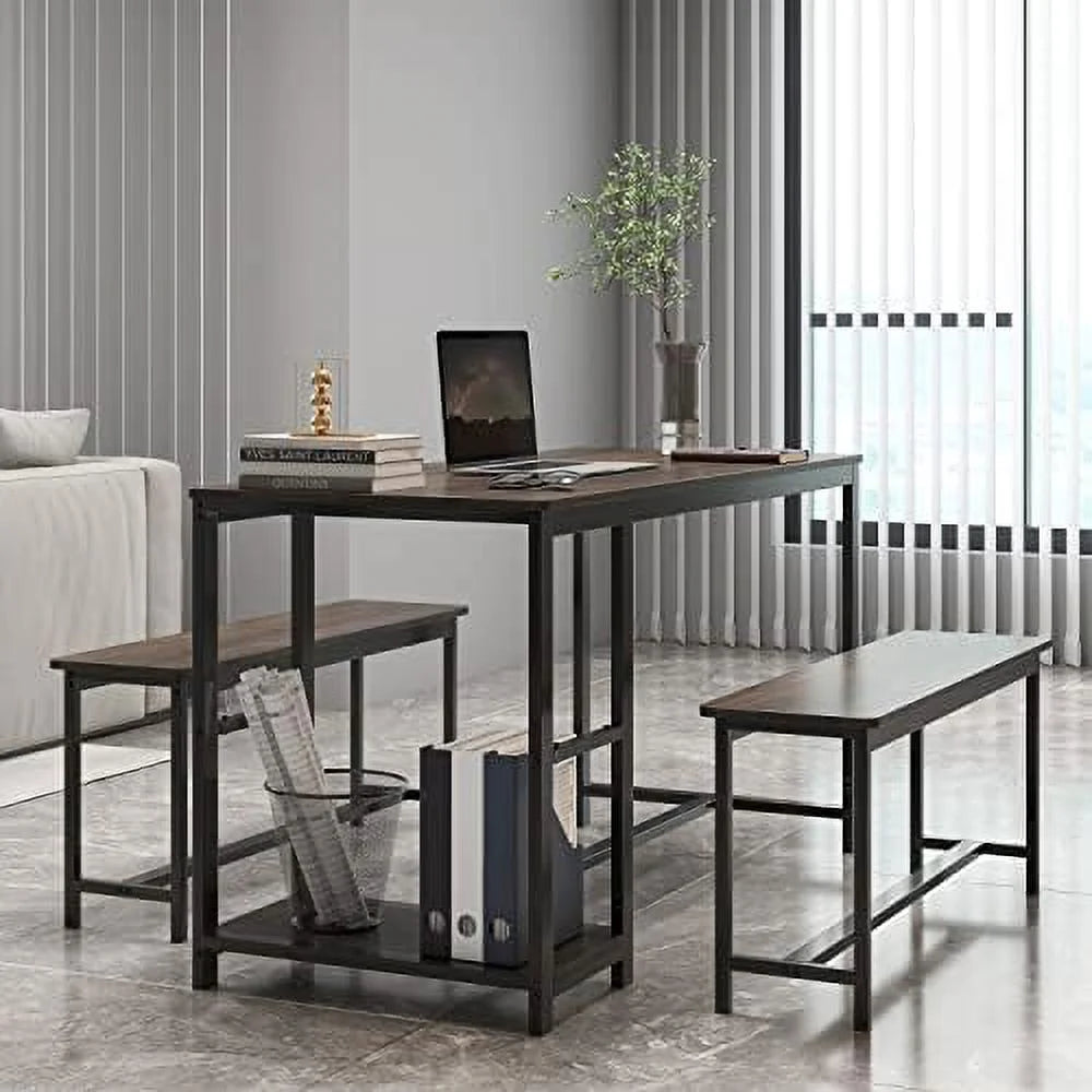 3-Piece Rustic Wood Dining Table Set with Benches T539553