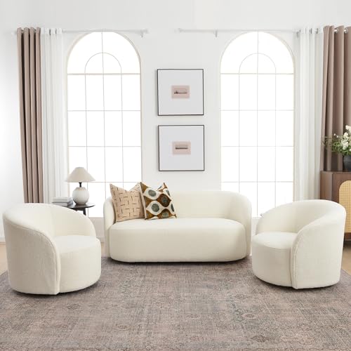 Cream Boucle Swivel Barrel Chair with Round Ottoman Set I670973