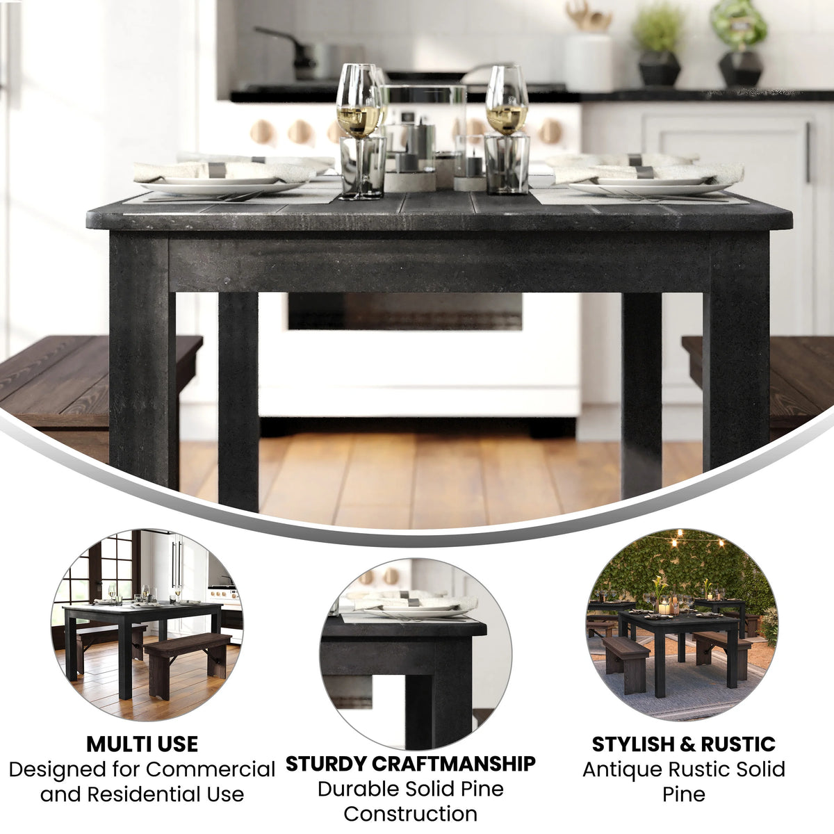 60" x 38" Rectangular Black Wash Solid Pine Dining Table K48793
