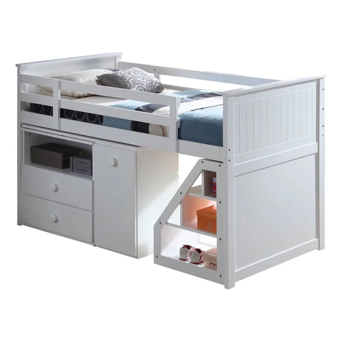 Twin Size Loft Bed with Storage Ladder Chest Swivel Desk in White J321556