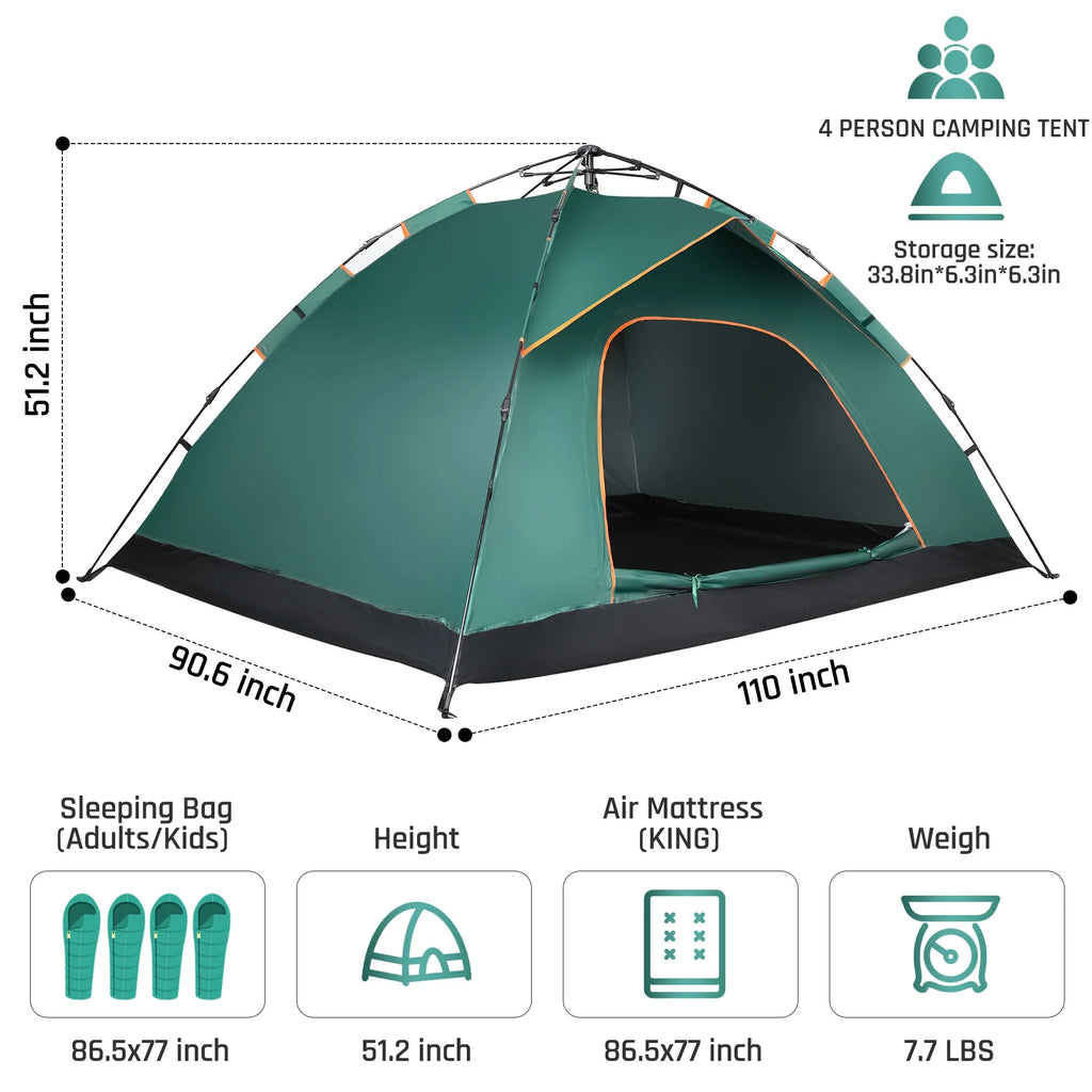 4 Person Pop up Camping Tent, Green D596049