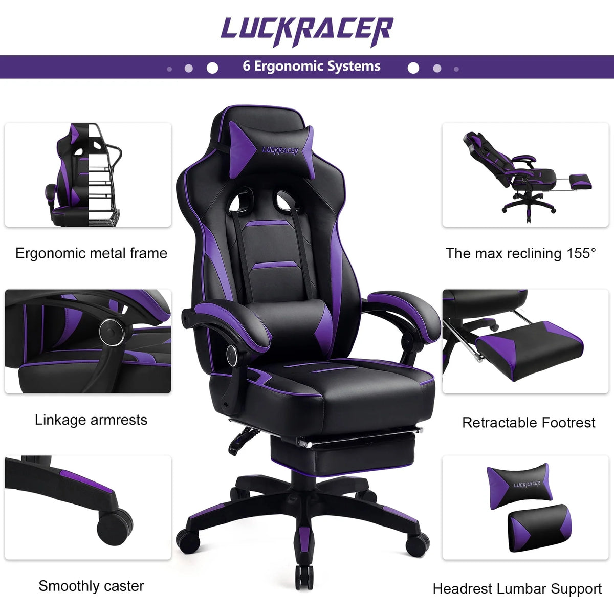 Purple Ergonomic Swivel Gaming Chair F6366