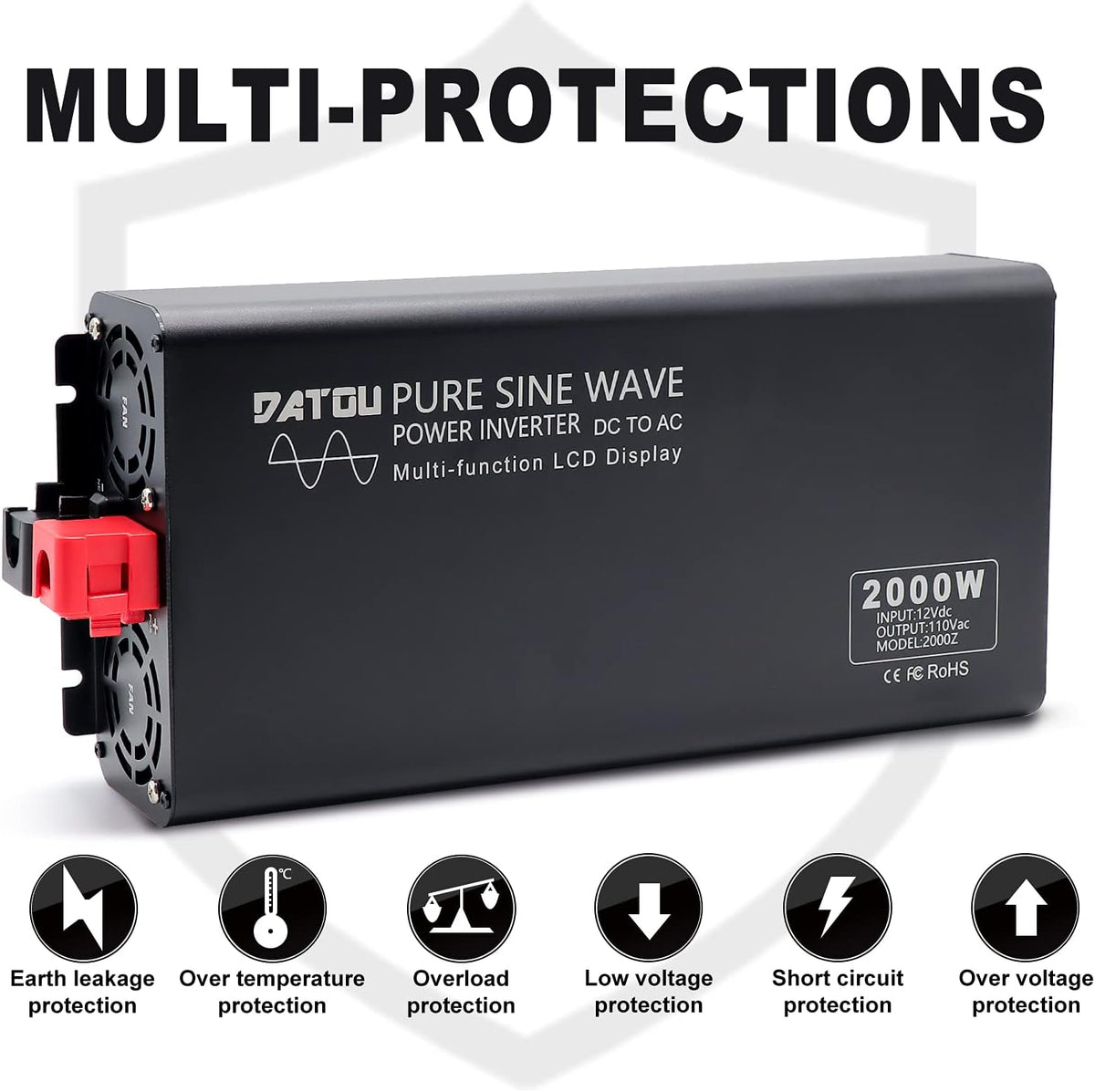2000W Pure Sine Wave Inverter 12V to 110V with 2 AC Outlets N834250