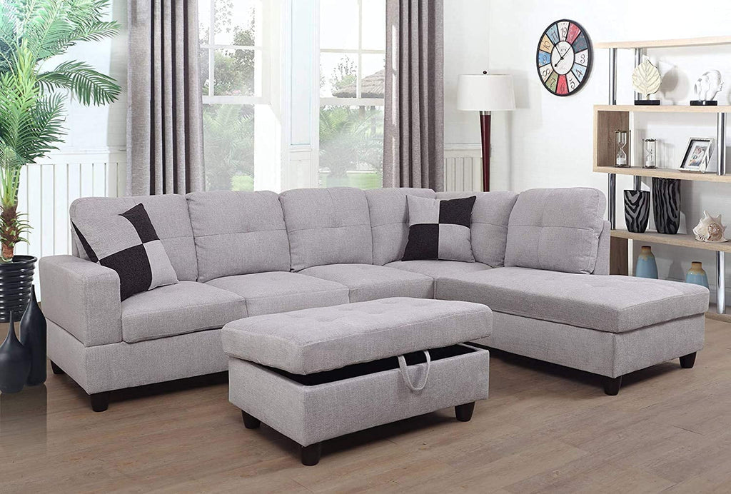 Grey White Right Hand Facing Sofa & Chaise with Ottoman U551