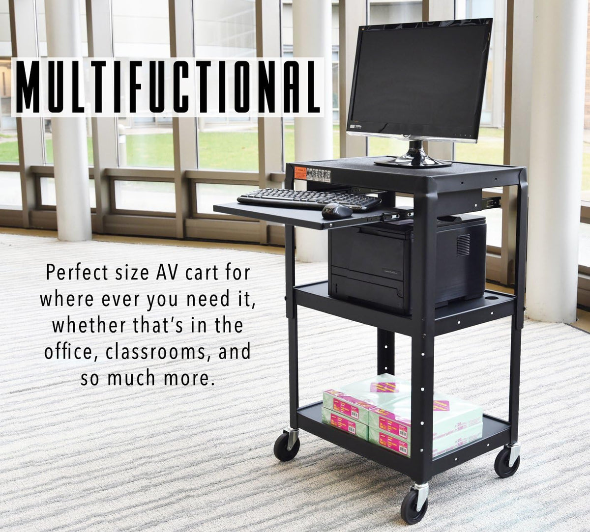 Height Adjustable AV Cart on Wheels with Keyboard Tray and Power Cord S9017