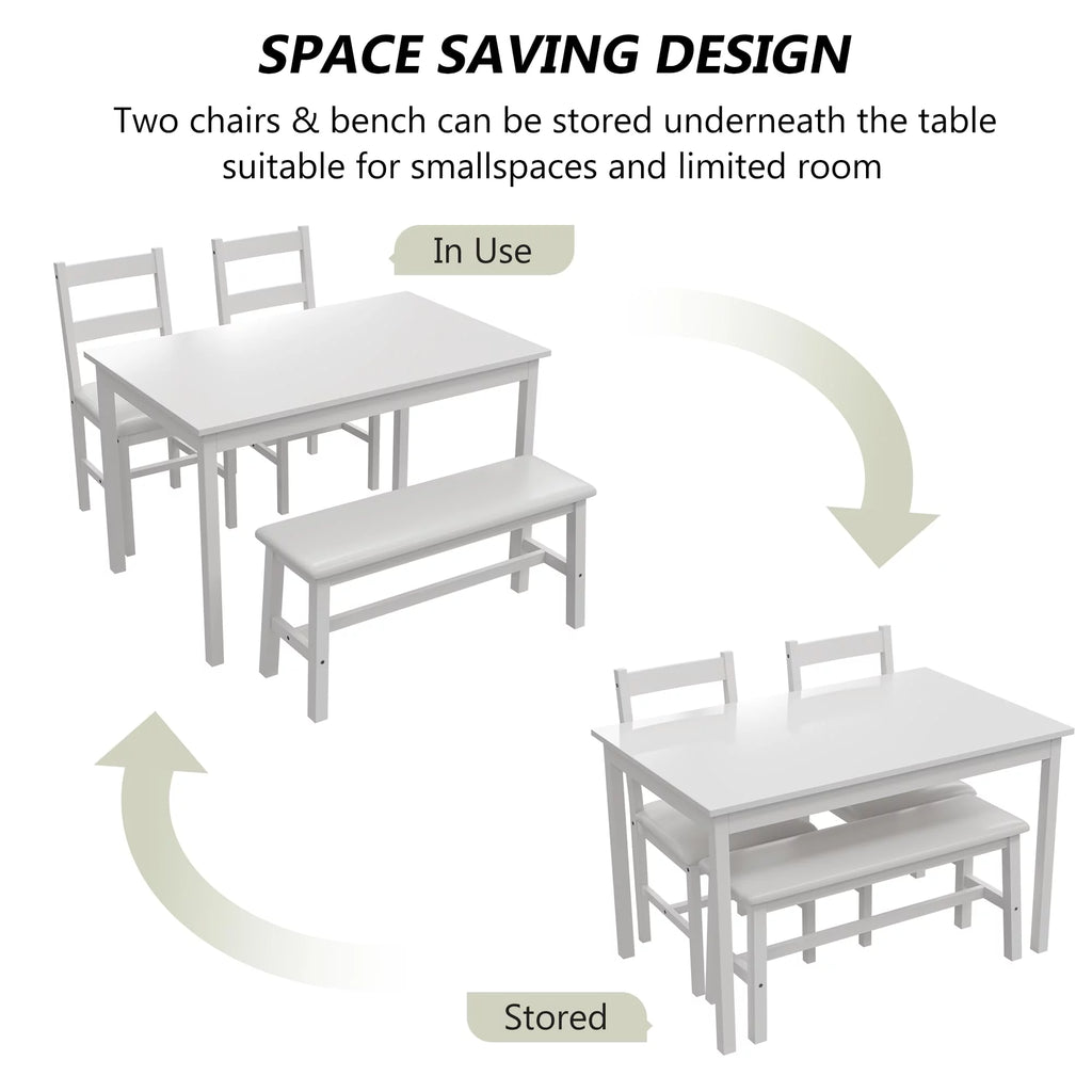 White 4 Piece Wood Dining Table Set with Chairs and Bench J97958
