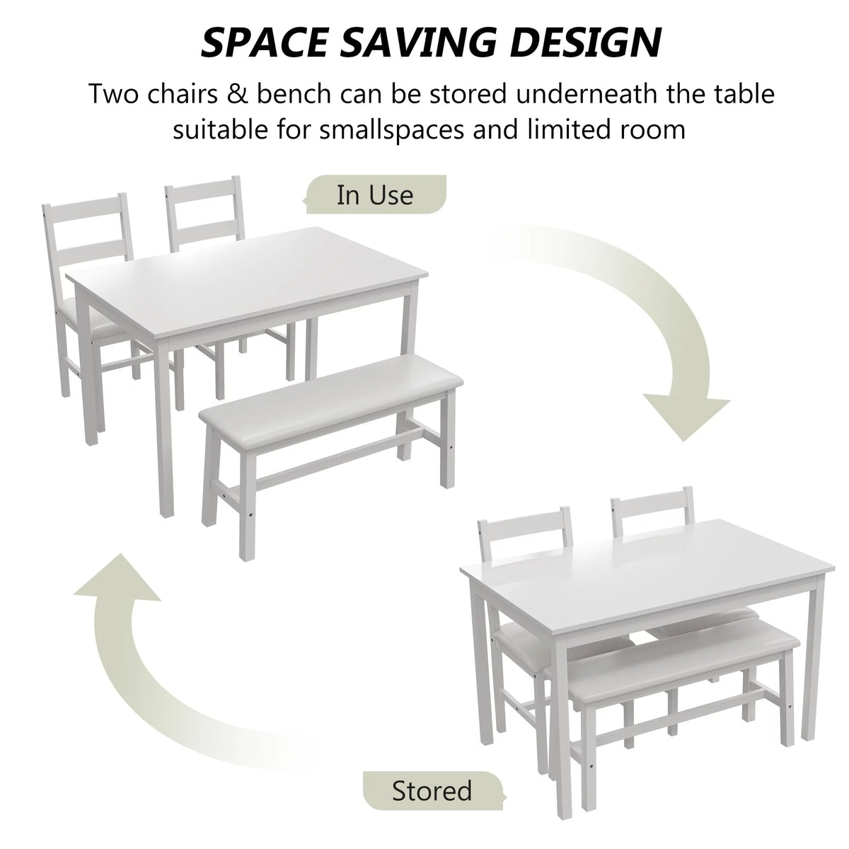 White 4 Piece Wood Dining Table Set with Chairs and Bench J97958