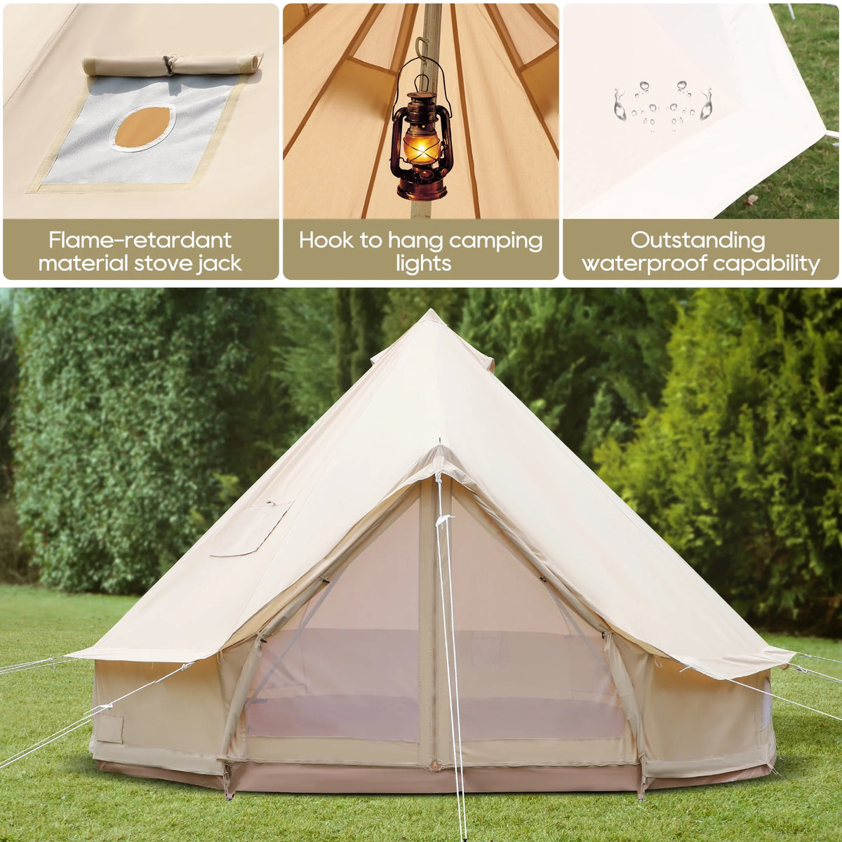 Cotton Canvas Bell Tent with Stove Jack, 4 Season, 5M, Green L2018