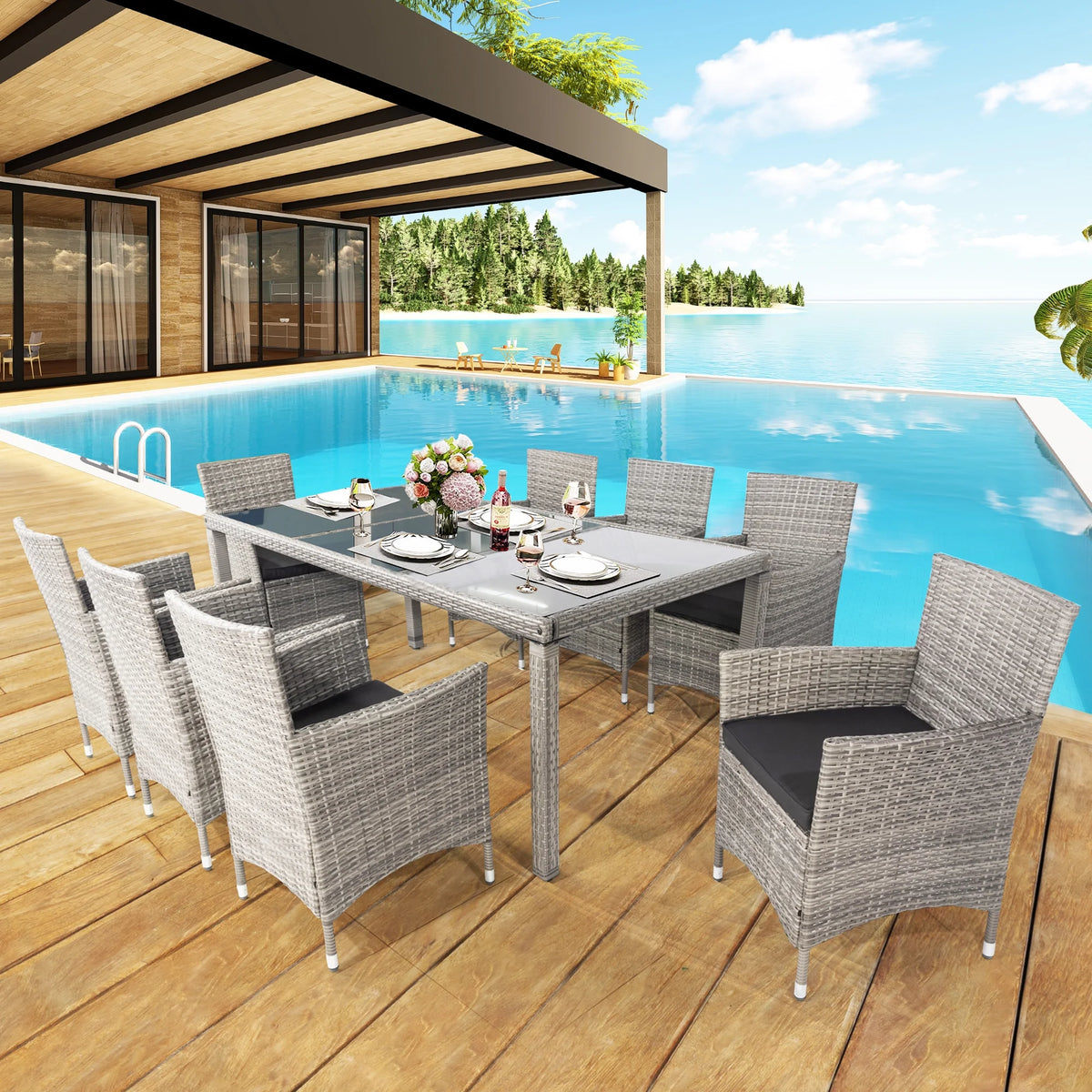 9 Pieces Wicker Outdoor Dining Set with Glass Tabletop and Cushioned Chairs Z540818
