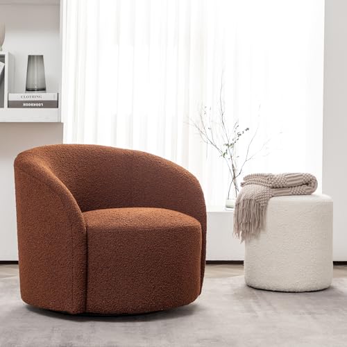 Cream Boucle Swivel Barrel Chair with Round Ottoman Set I670973