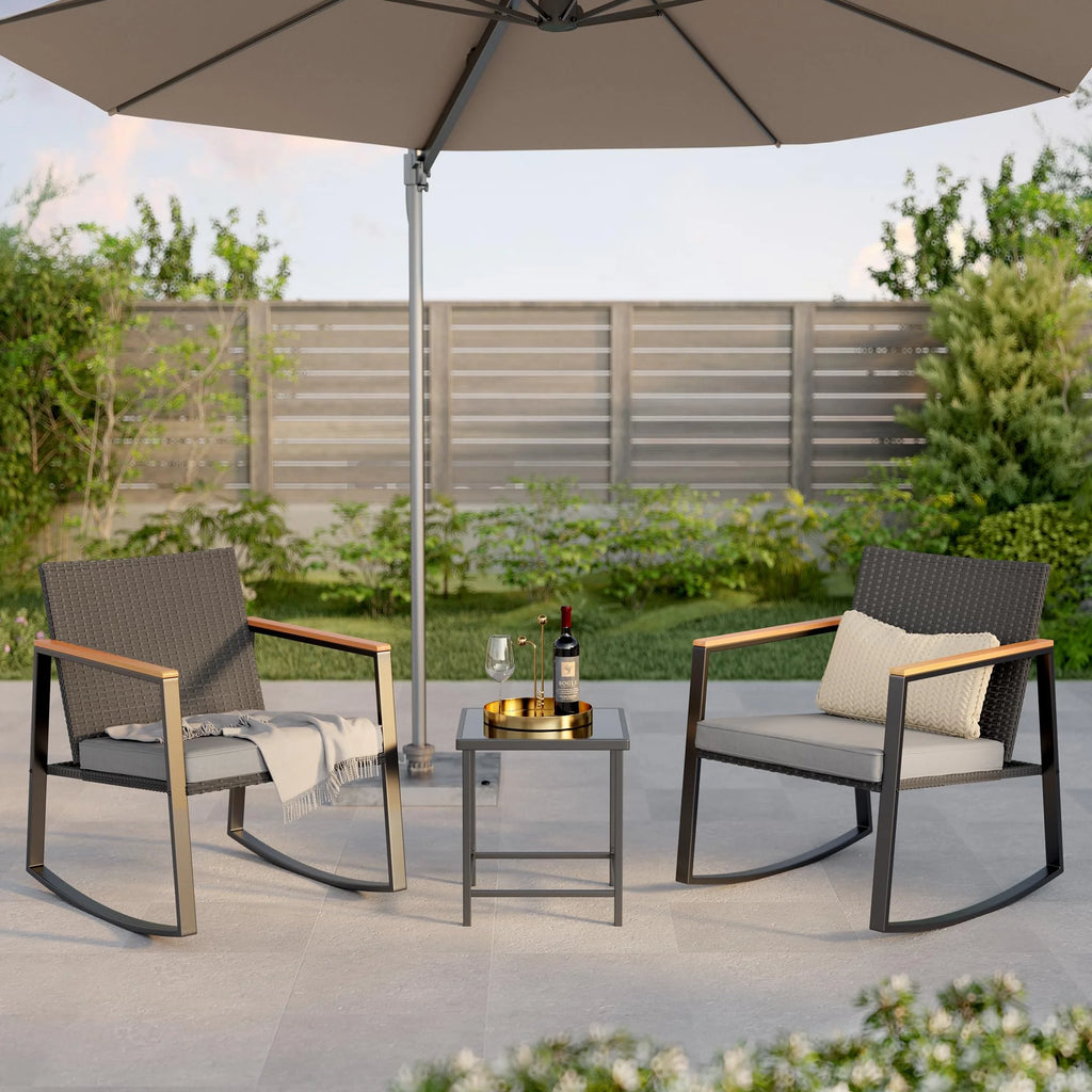 3 Pieces Patio Rocking Chairs Set with Glass Coffee Table T48977