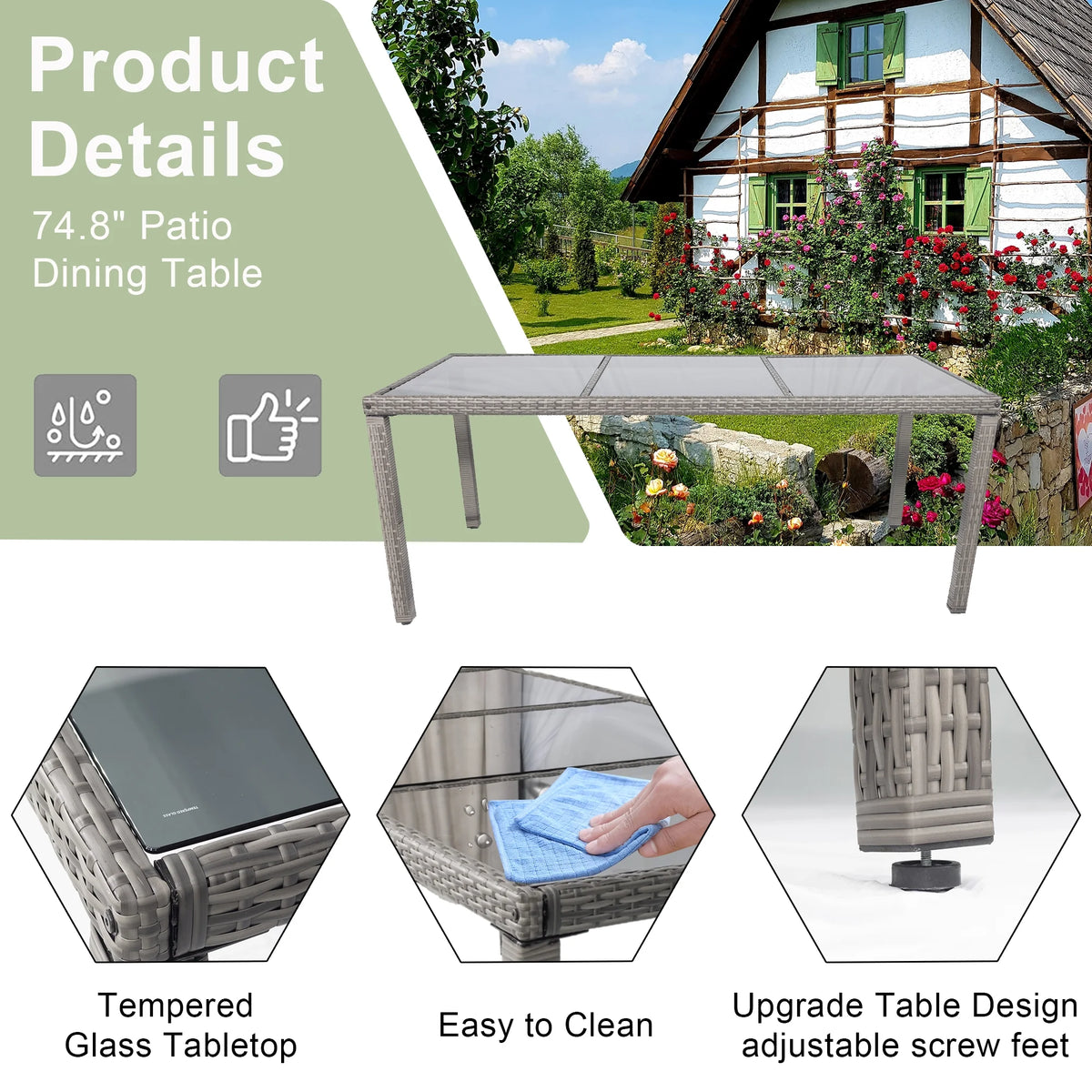 9 Pieces Wicker Outdoor Dining Set with Glass Tabletop and Cushioned Chairs Z540818