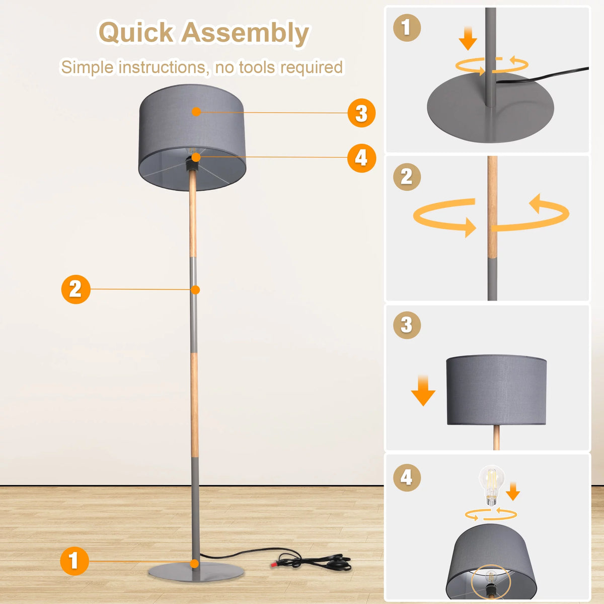 Modern Floor Lamp with 8W LED Bulb, Foot Switch & Fabric Lamp Shade K796