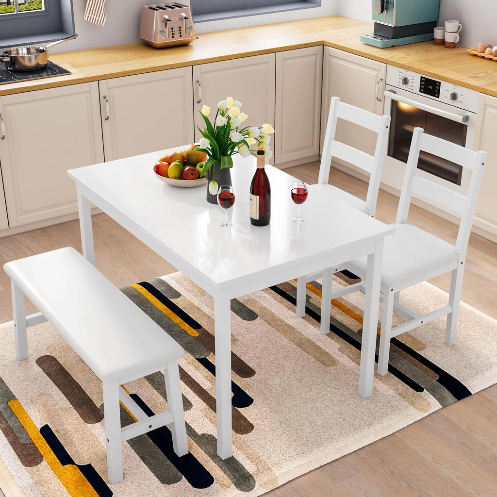 White 4 Piece Wood Dining Table Set with Chairs and Bench J97958