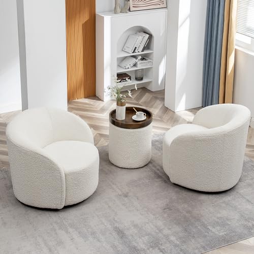 Cream Boucle Swivel Barrel Chair with Round Ottoman Set I670973