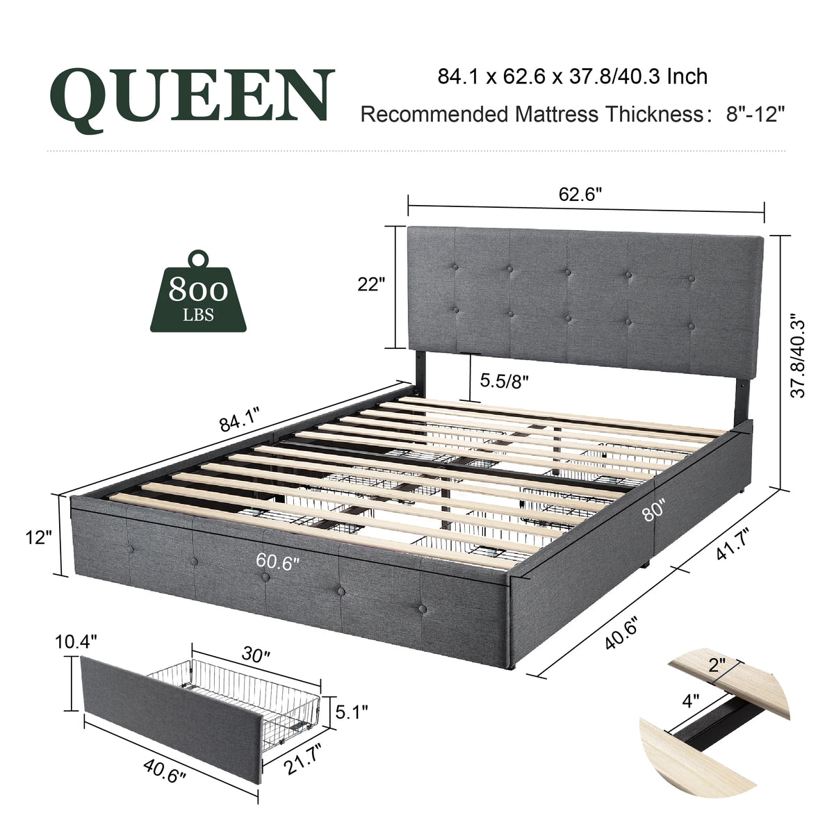 Queen Size Platform Bed Frame with Headboard and 4 Storage Drawers W861