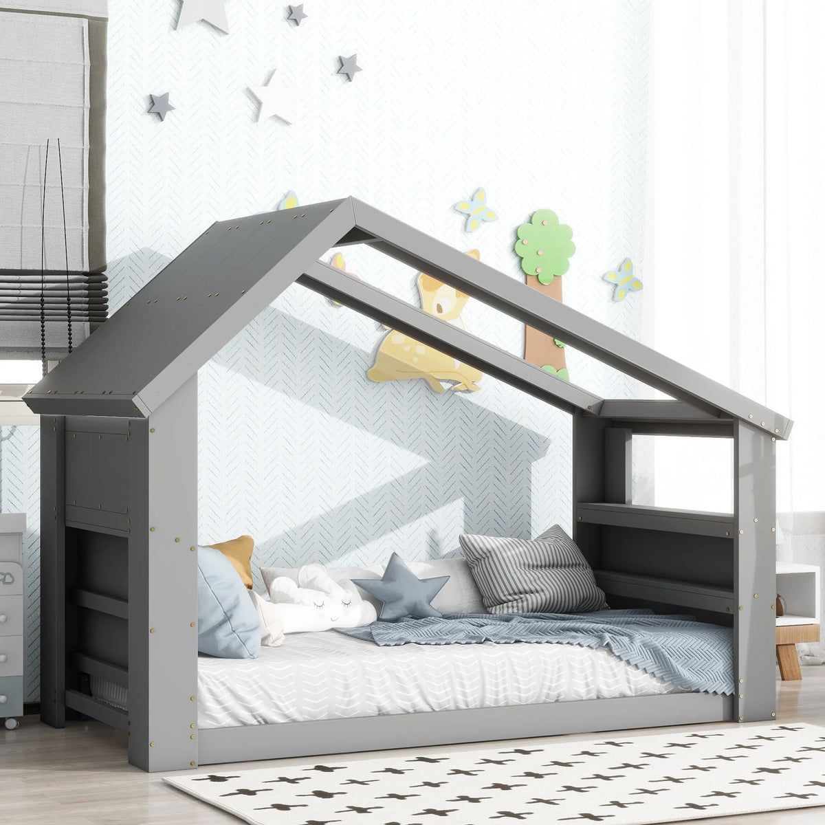 Twin Wood Floor Bed with Roof Window LED Light Storage F675