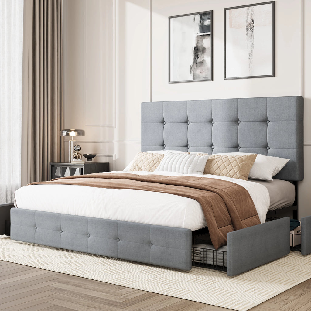 Queen Size Platform Bed Frame with Headboard and 4 Storage Drawers W861