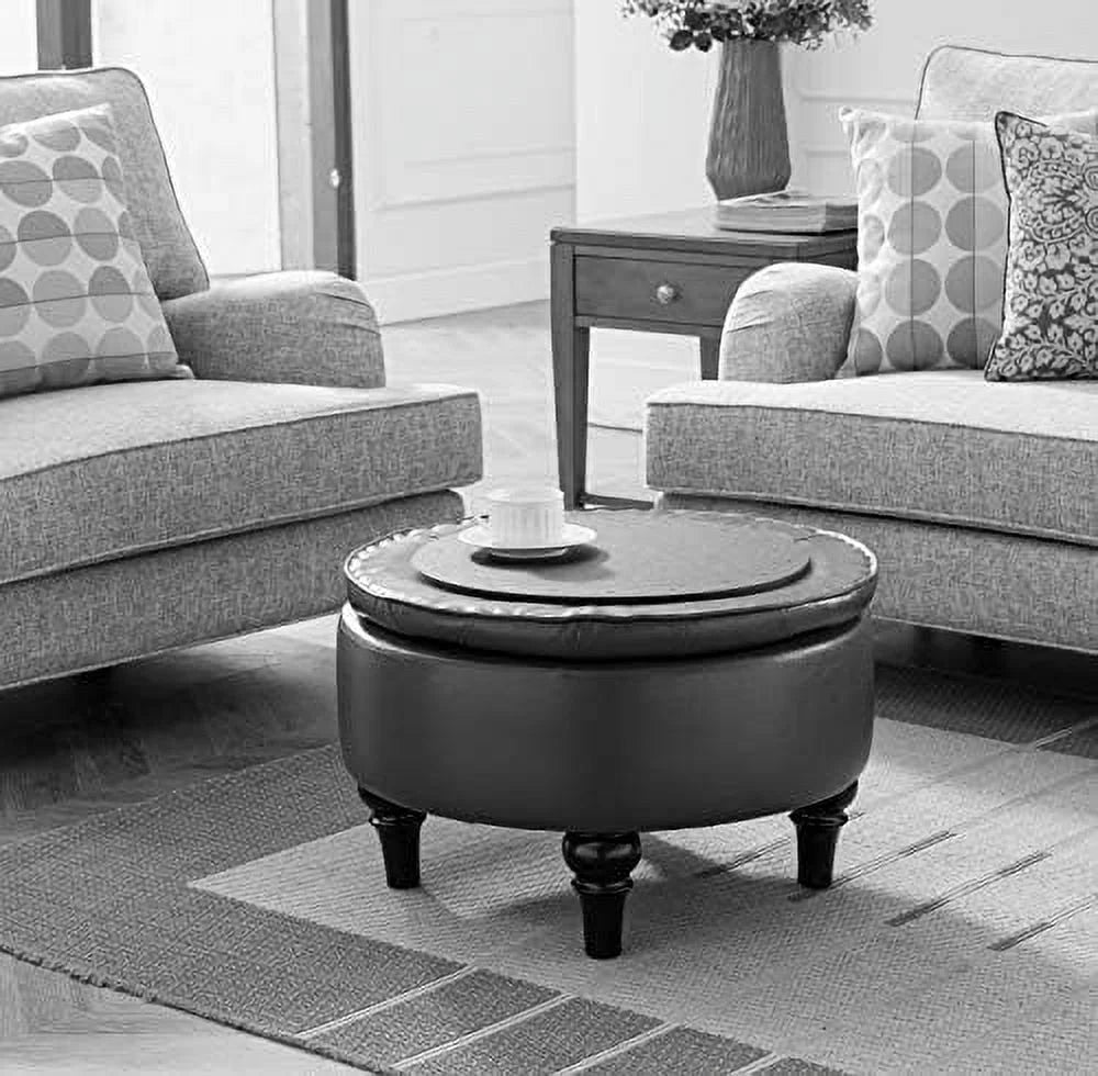 Faux Leather Round Ottoman with Tray Top X2829