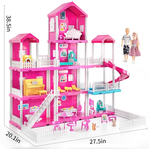 Pink 4-Story 10-Room Dollhouse Playset with 2 Dolls P377