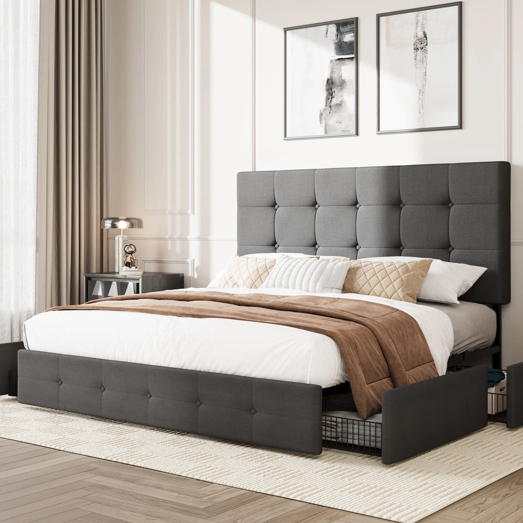 Queen Size Platform Bed Frame with Headboard and 4 Storage Drawers W861