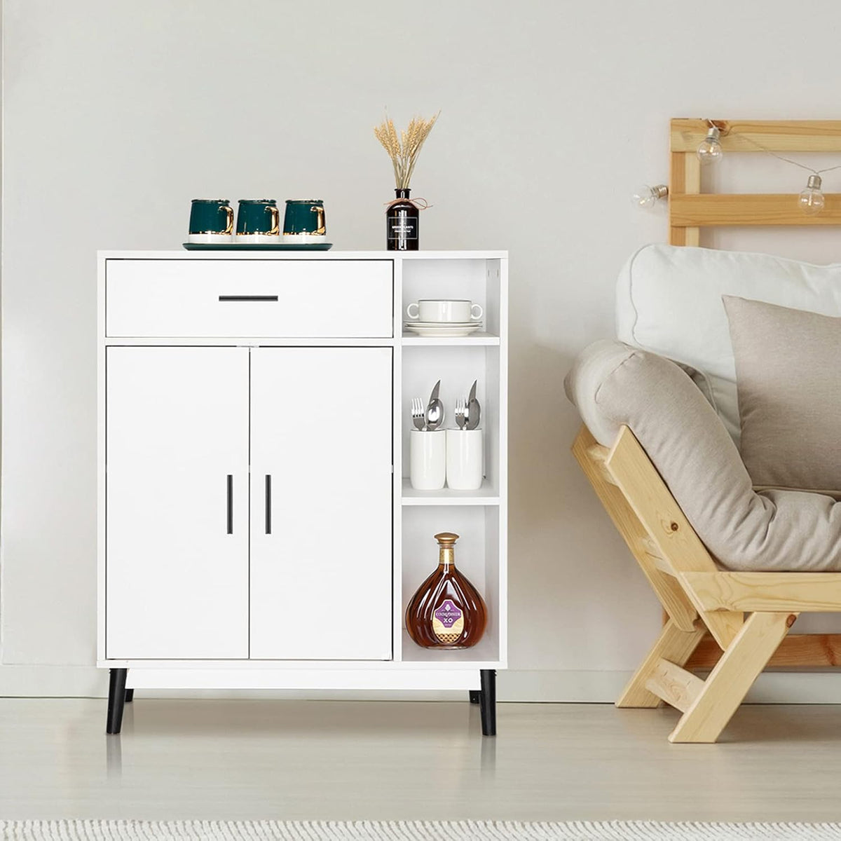 White Accent Buffet Cabinet with Open Shelves and Doors U225