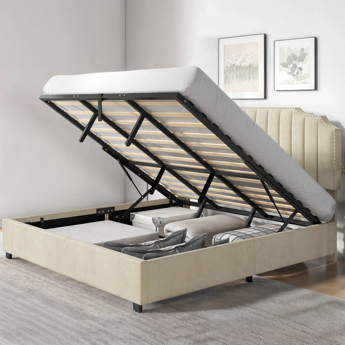 King Lift Up Storage Velvet Upholstered Platform Bed Frame E59453