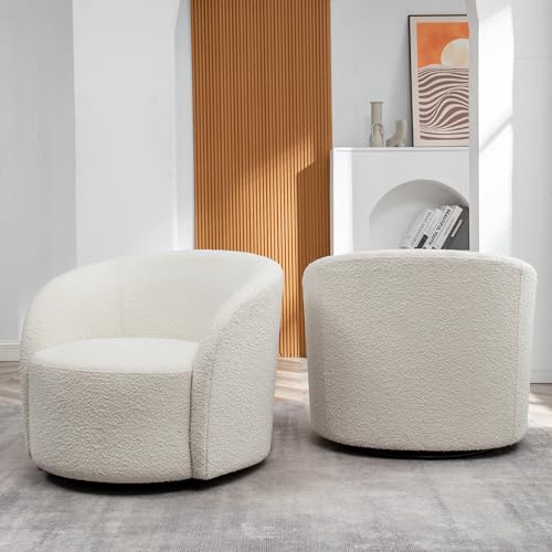 Cream Boucle Swivel Barrel Chair with Round Ottoman Set I670973