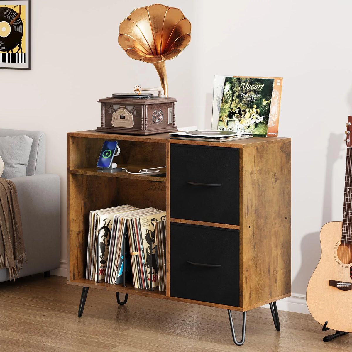 Vinyl Record Player End Table Stand with Cloth Drawer S323028