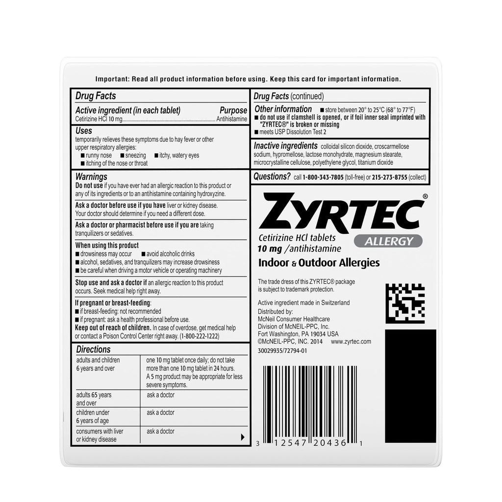 24 Hour Allergy Relief Tablets 10 mg Cetirizine HCl 30 Ct W167