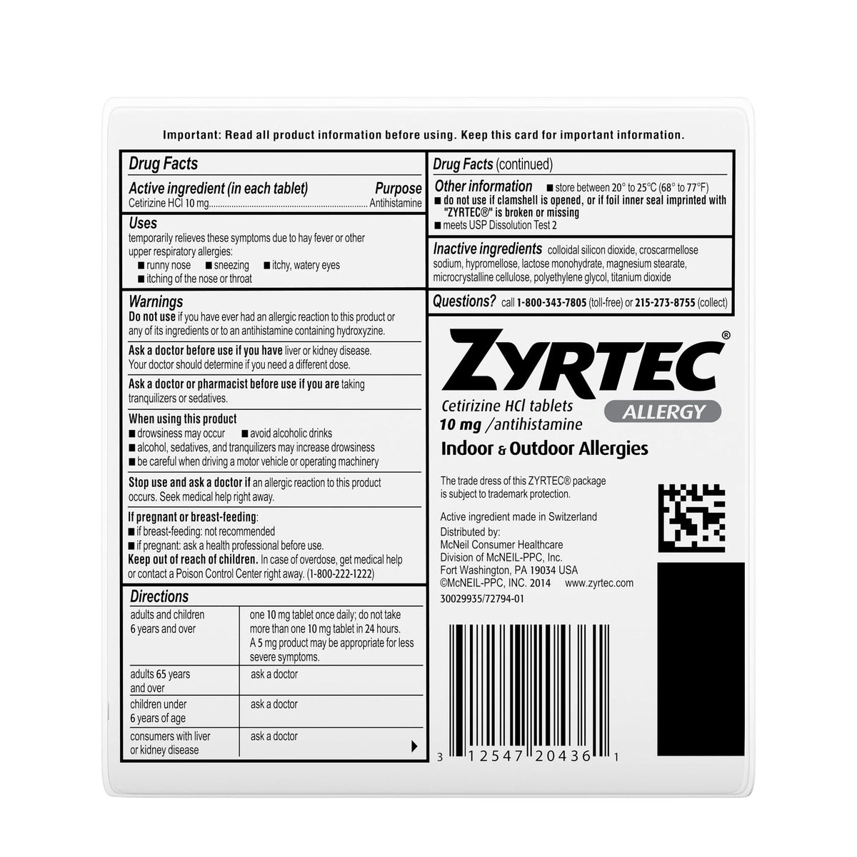 24 Hour Allergy Relief Tablets 10 mg Cetirizine HCl 30 Ct W167
