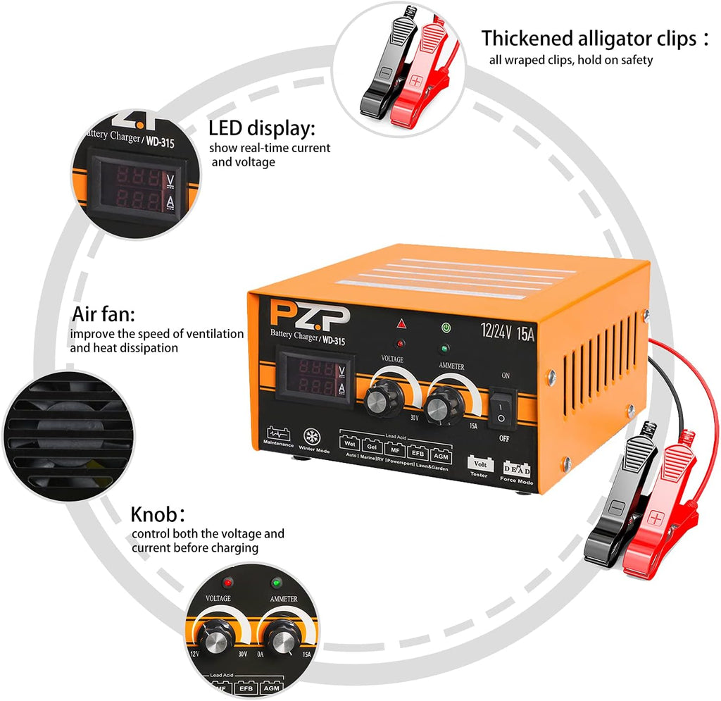 24v Manual 15-Amp Automotive Battery Charger and Maintainer D764