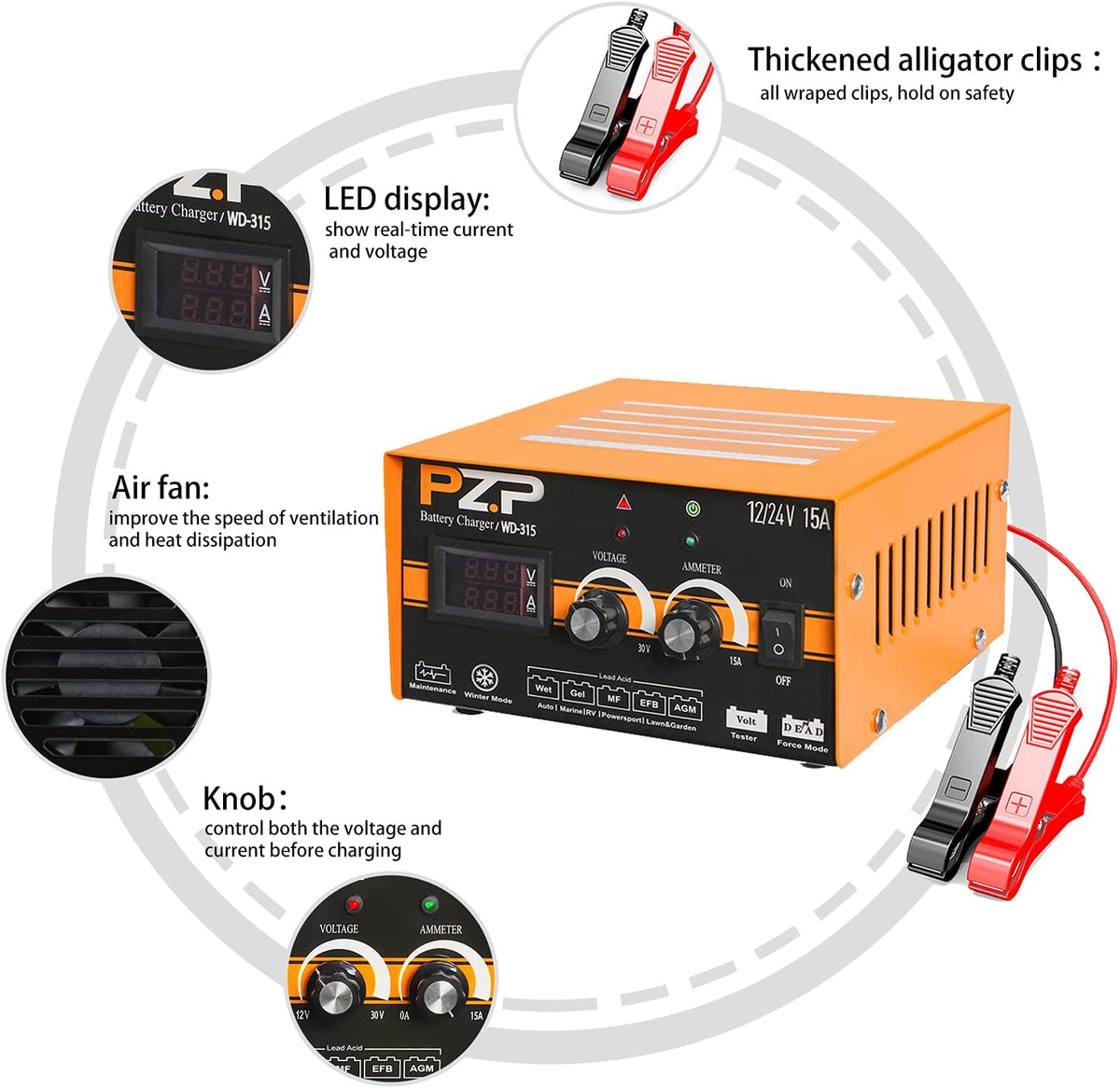 24v Manual 15-Amp Automotive Battery Charger and Maintainer D764