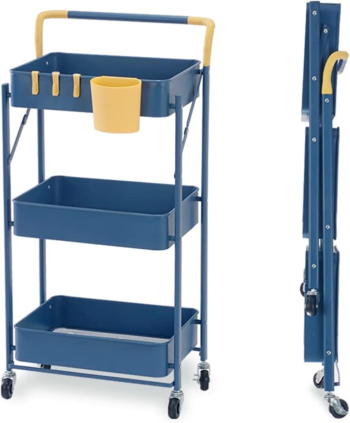 3-Tier Collapsible Rolling Utility Cart with Lockable Caster Wheels U4232