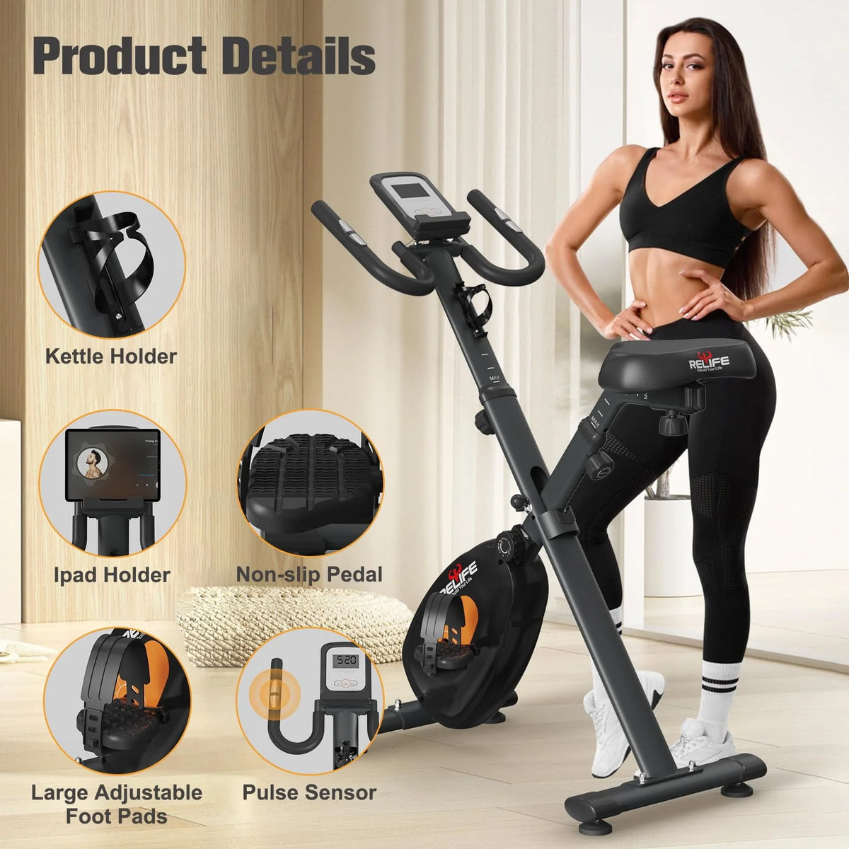 Upright Foldable Stationary Bike Black T198