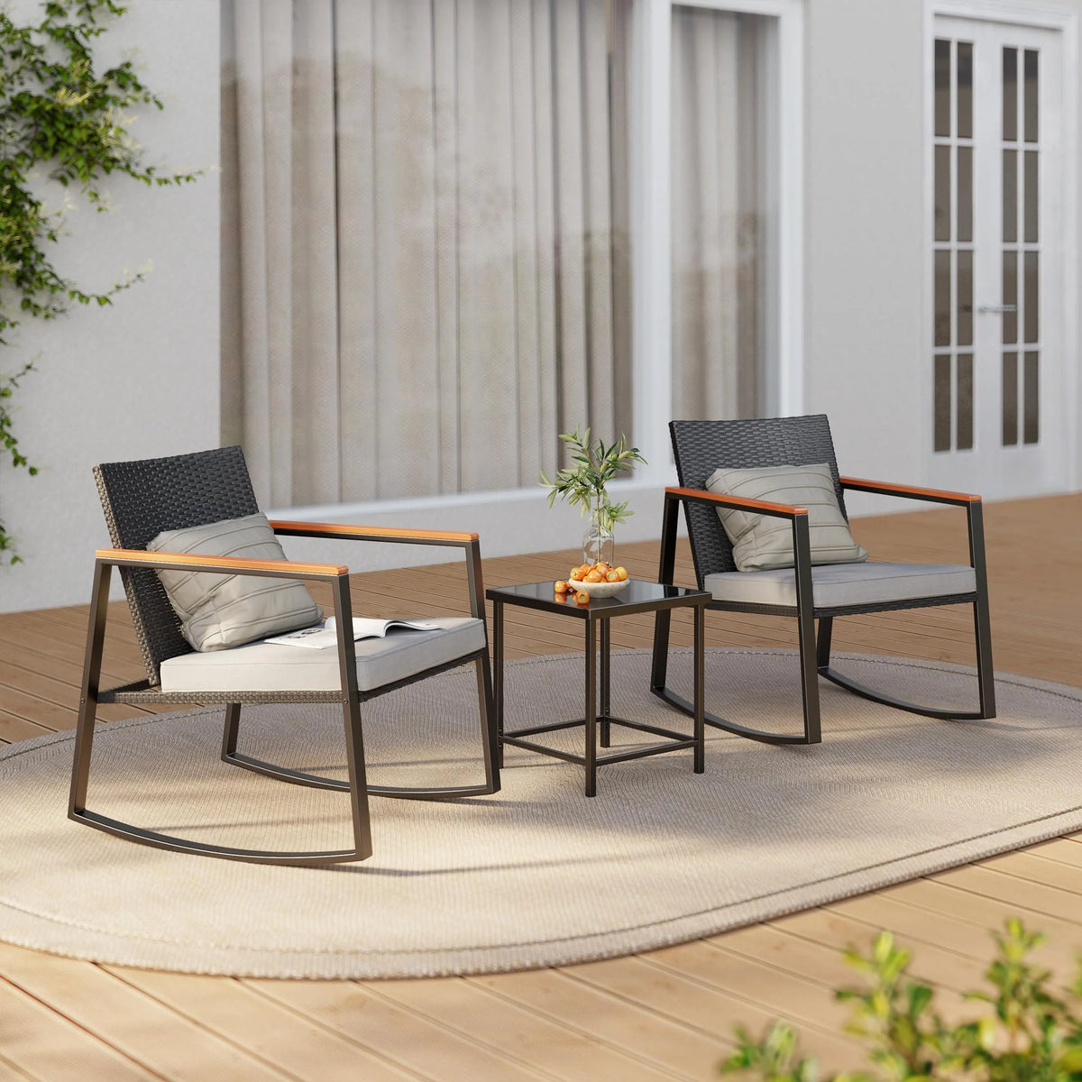 3 Pieces Patio Rocking Chairs Set with Glass Coffee Table T48977