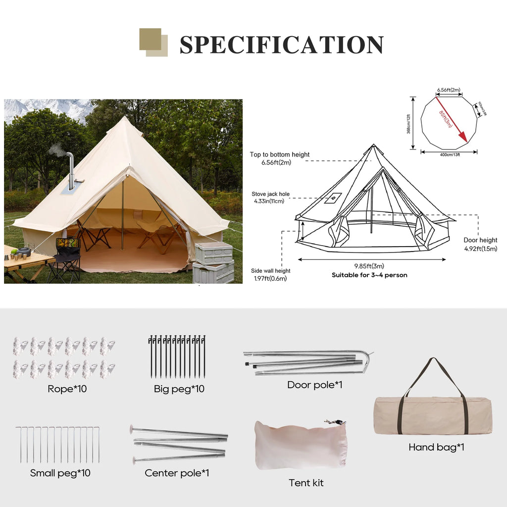 Cotton Canvas Bell Tent with Stove Jack, 4 Season, 5M, Green L2018