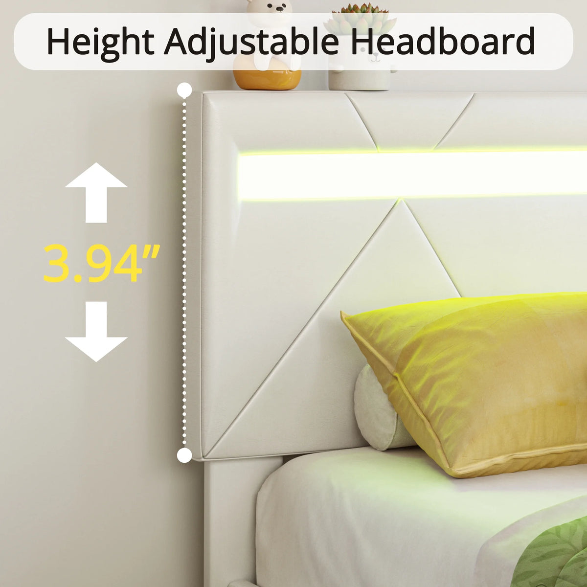 Twin Bed Frame with LED Lights and Adjustable Upholstered Headboard J14165
